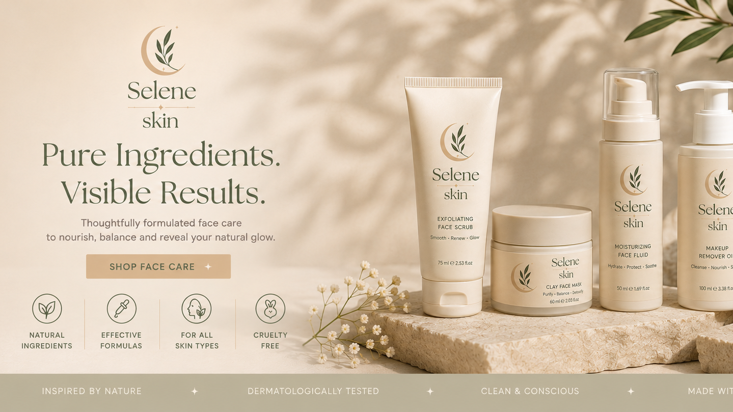 A set of Selene Skin face care products arranged on a stone surface with botanical leaves and soft natural shadows. The products include a tall tube, a pump bottle, a jar, and a smaller container, all in warm off-white tones.
